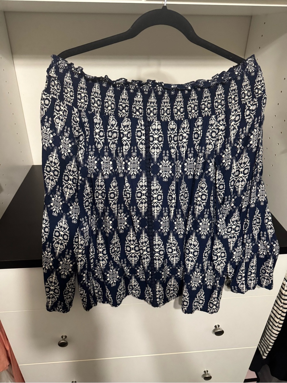 Society Navy and White Printed off the shoulder shirt